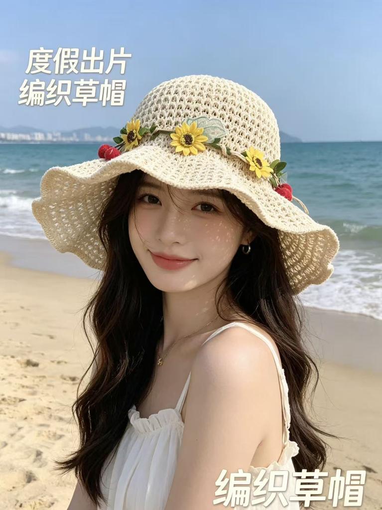 Straw Hat Seaside Hat Ins Lace-up Straw Hat Women's Travel Sun Hat Lace Sun Hat Lace Lace Sunscreen