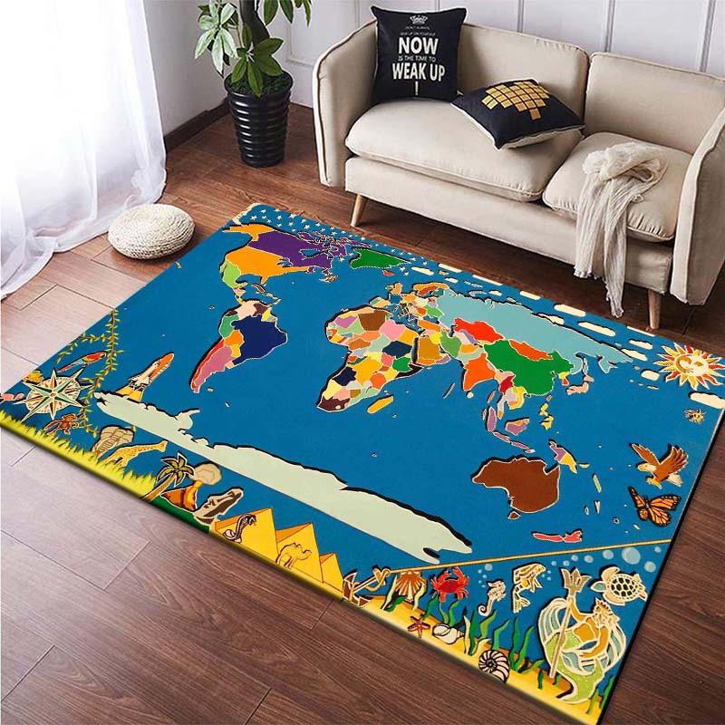 Mappa del Mondo Luminosa Tappeto Nero Stile Moderno Tappeto per Soggiorno con Effetto Luce Notturna Disegno dei Continenti Decorazione per la Casa