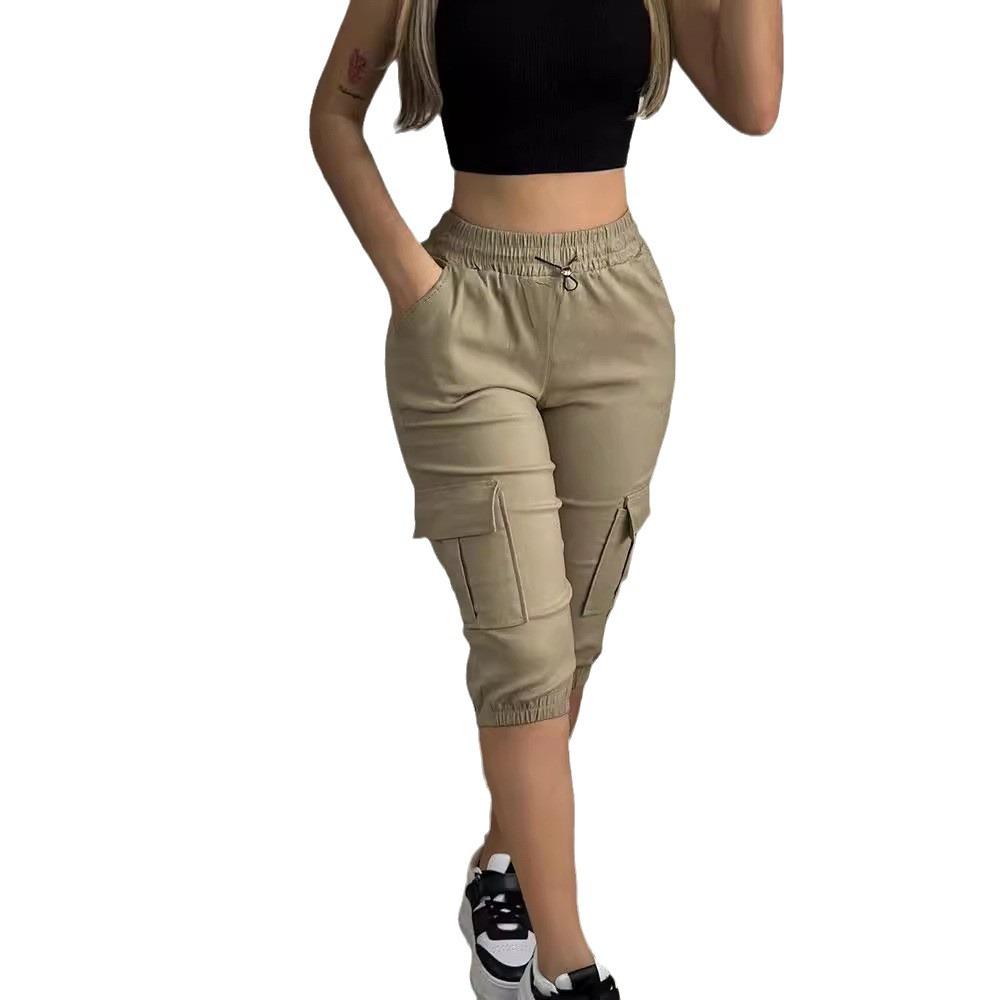 Summer Women's Slim-Fit Capri Trousers Solid Color Casual Multiple Pocket Lace-Up High Waist Tight Leggings Capri Pants