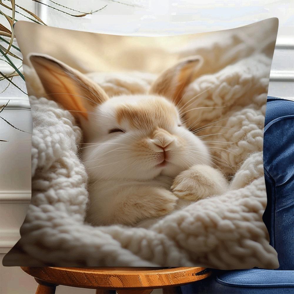 Cute Sleeping Bunny Pillow Cover 100% Polyester, Zipper Closure Modern Home Decor For Sofa, Living Room Bunny Pillowcase