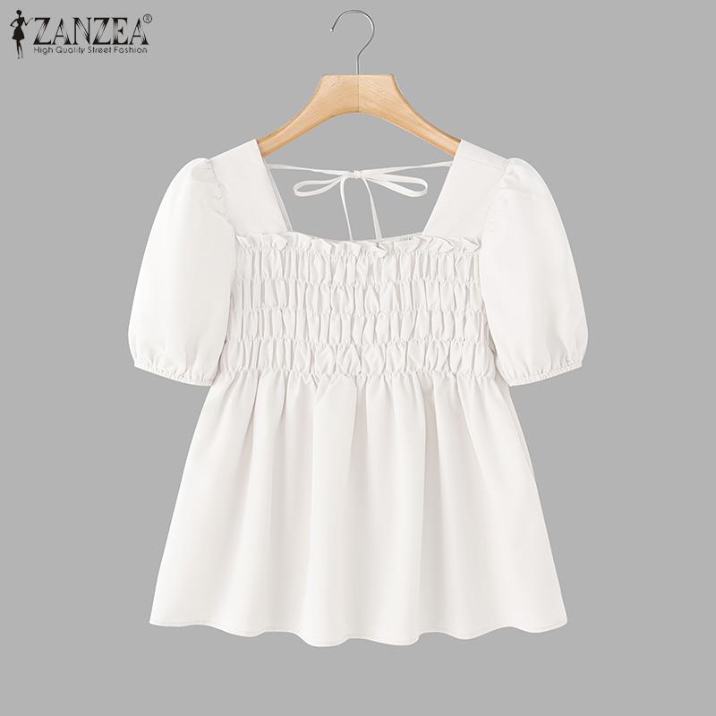 ZANZEA Women Square Collar Summer Casual Short Sleeve Blouse