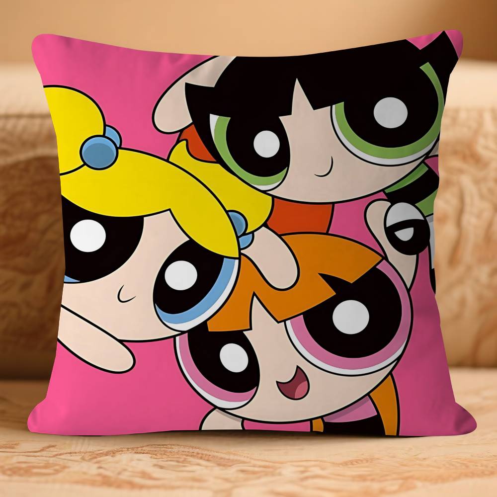 PowerpuffS Anime Girls Pillow Case Removable Washable Cushion Cover – All-Season Soft Linen