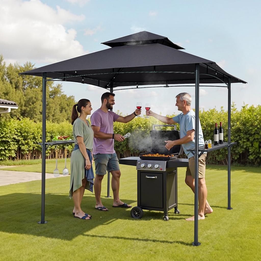 Grill Gazebo, 2.43 x 1.5 m Outdoor BBQ Gazebo with Double-Tiered Roof, Powder-Coated Steel Patio Grill Shelter with 2 Side Shelves & 8 Hooks, Grilling