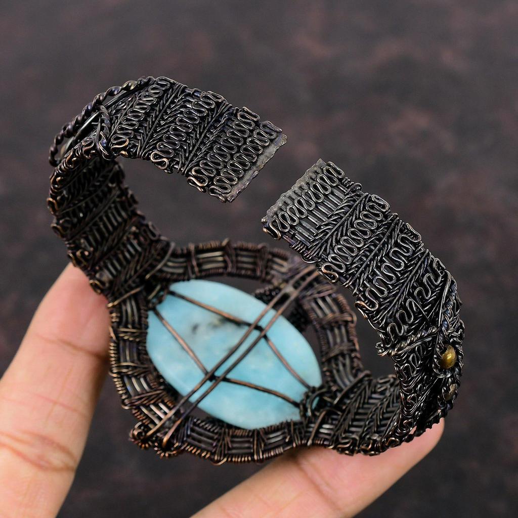 Larimar Manschettenarmband Kupferdraht gewickelt Schmuck verstellbar Manschette Edelstein Armreif Kupferdraht Manschettenarmband handgemachte Armreif Geschenk für Mutter