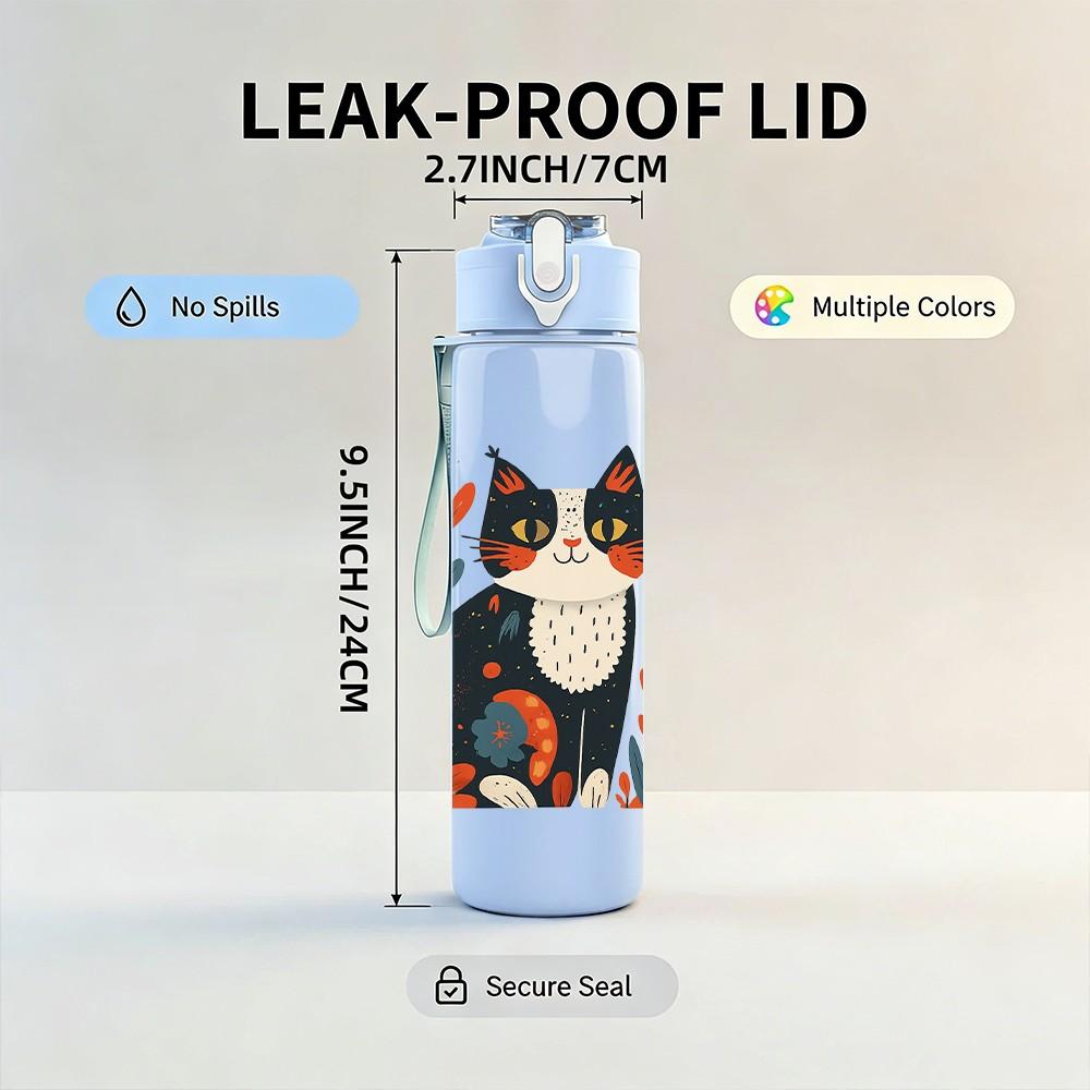 1PC Floral Pattern Cat Portrait 750ml Color Plastic Sports Water Bottle Leakproof Flip Straw Lid Suitable for Sports Office Home Use