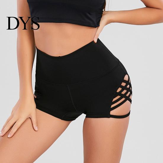 Gym Shorts Women Pants High-waist All-match Hollow Cross Fashionable Running Elastic Waist Short for Home Sport