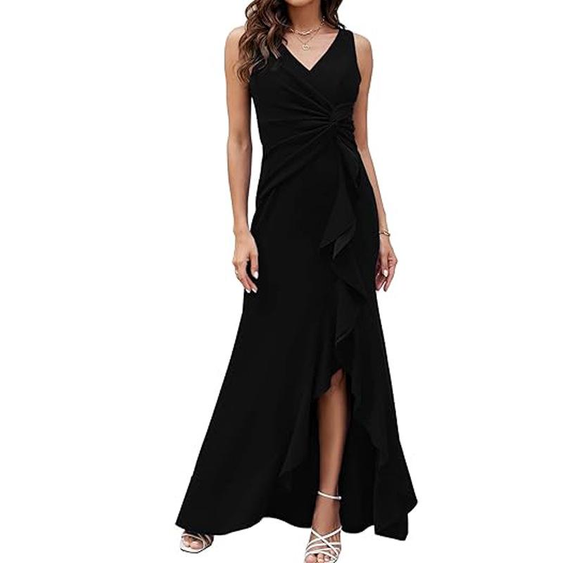 Sexy Slit Ruffled Sleeveless Evening Women's Dresses Fashionable V Neck Slim Pleated Elegant Female Maxi Long Dress