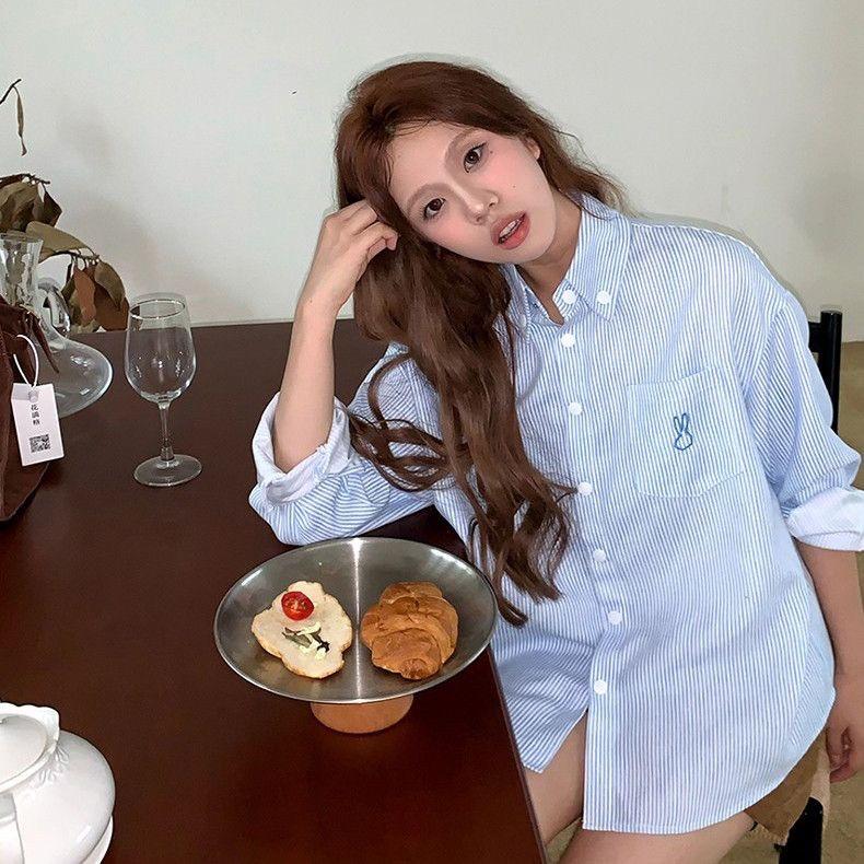 

2026 American Style Rabbit Embroidered Cotton Striped Long Sleeve Shirt - Loose Fit, Versatile Top 2XL синій