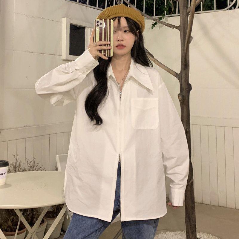 Zipper Women's Jacket Solid Color Double Opening Chest Pocket Turn Down Collar Long Sleeved Outerwear Korean New Style Spring Loose Female Top