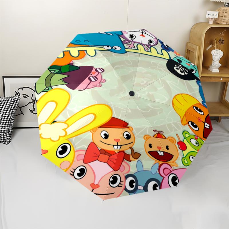 Happy Tree Friends3 Print Automatic Umbrella, 8 Rib Iron Frame, Plastic Handle, Suitable for Outdoor Travel &Daily , Ideal Gift