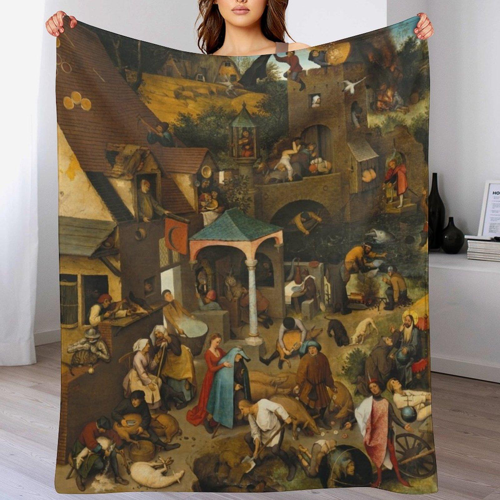 Питер Брейгель Старший - Голландские пословицы Плед Теплый Уютный Плед для Гостиной Дивана Size: 75*100cm, Weight: 230 GSM