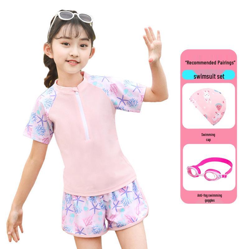 2025 New Japanese Floral Girls' Swimsuit Set with Swim Cap for Training