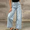 Women's Loose Fit Wide Leg Jeans Polka Dot Patchwork Distressed Denim