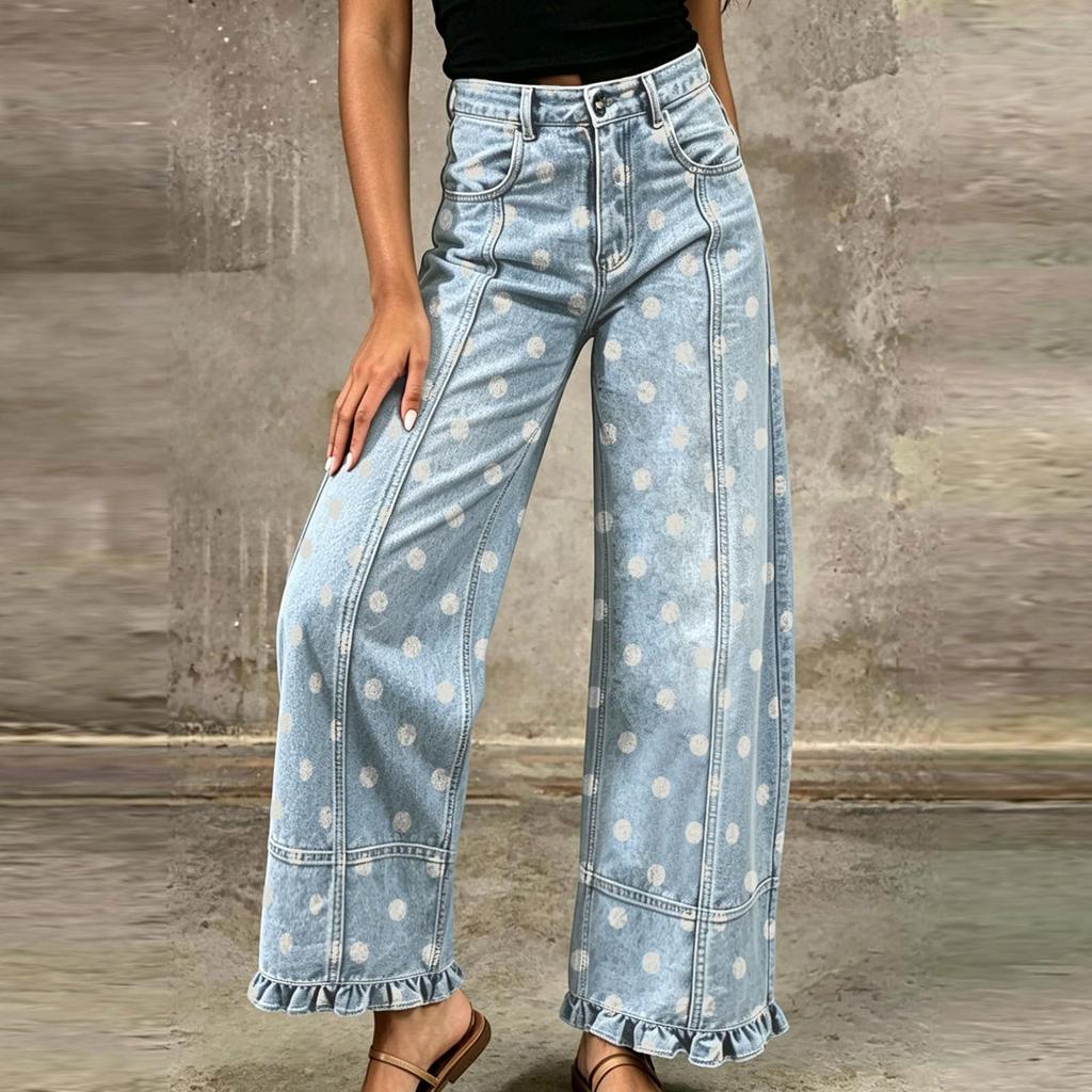 Women's Loose Fit Wide Leg Jeans Polka Dot Patchwork Distressed Denim