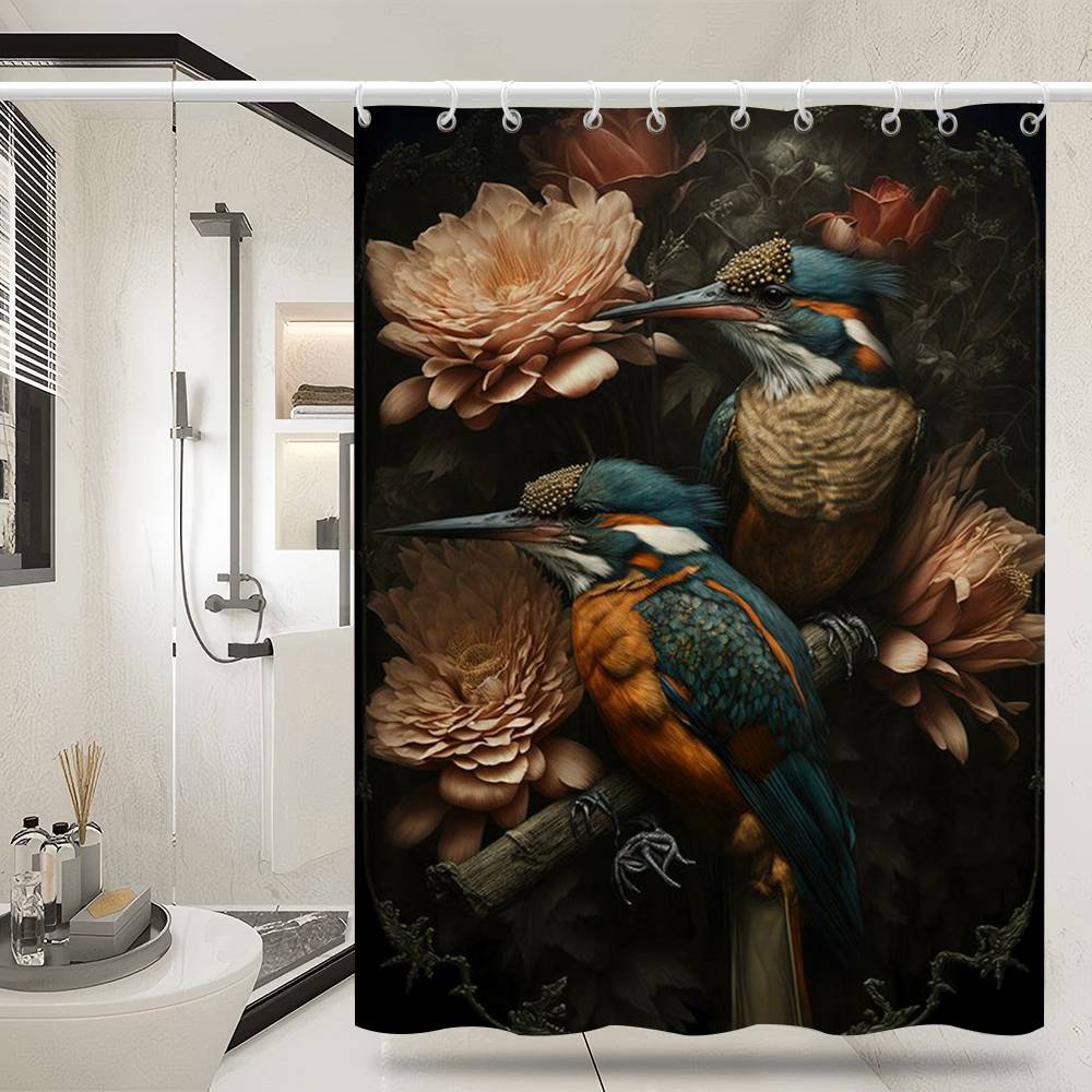 Vintage Birds In Jungle Flowers Canvas Painting Simple Bathroom Shower Curtain Partition Dry Can Be Scrubable Light Opaque Bath