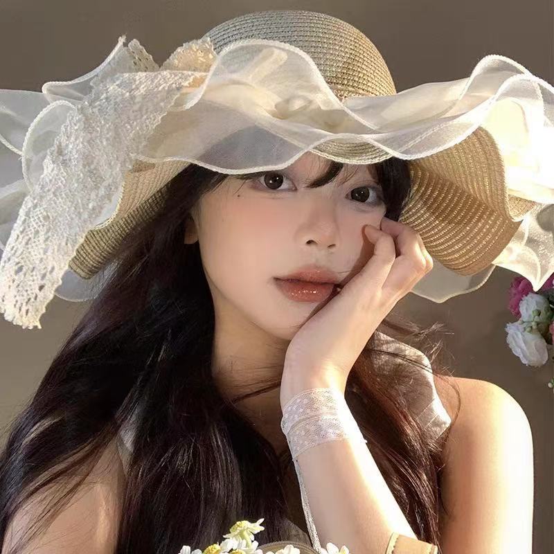 New bow lace straw hat women's summer seaside beach vacation sun hat large brim sun protection hat