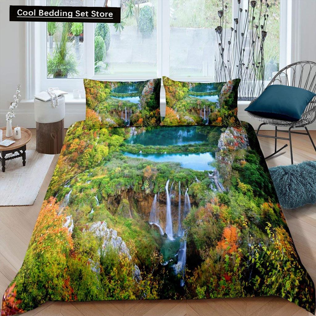 Waterfall king Queen Duvet Cover Floral Trees Bedding Set Natural landscape quilt cover Purple Dream polyester Comforter Cover