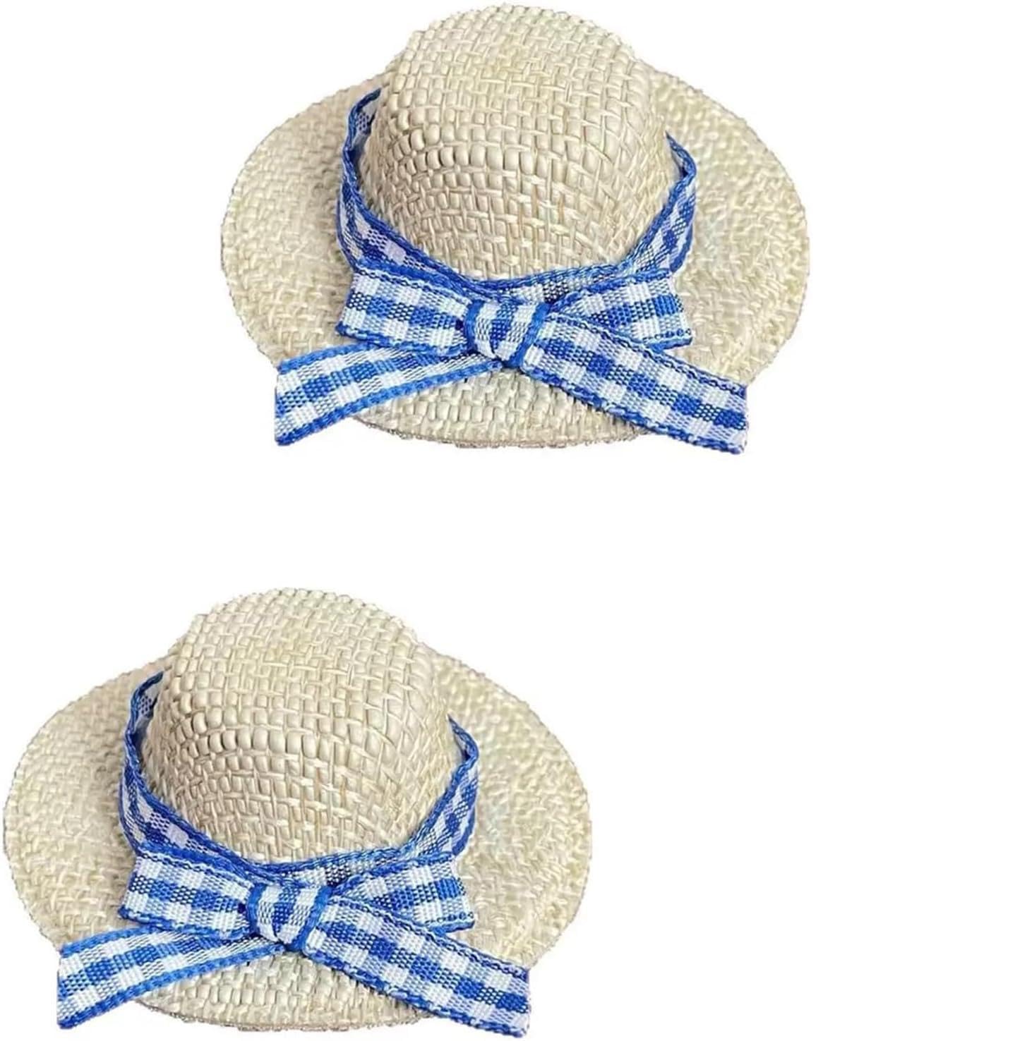 Set of 2 Mini Doll Straw Hats with Bows, Mini Straw Hats for Dolls, Handwoven Crafts, Accessories, DIY Crafts, Decorative Toys, Small Decorative Hats