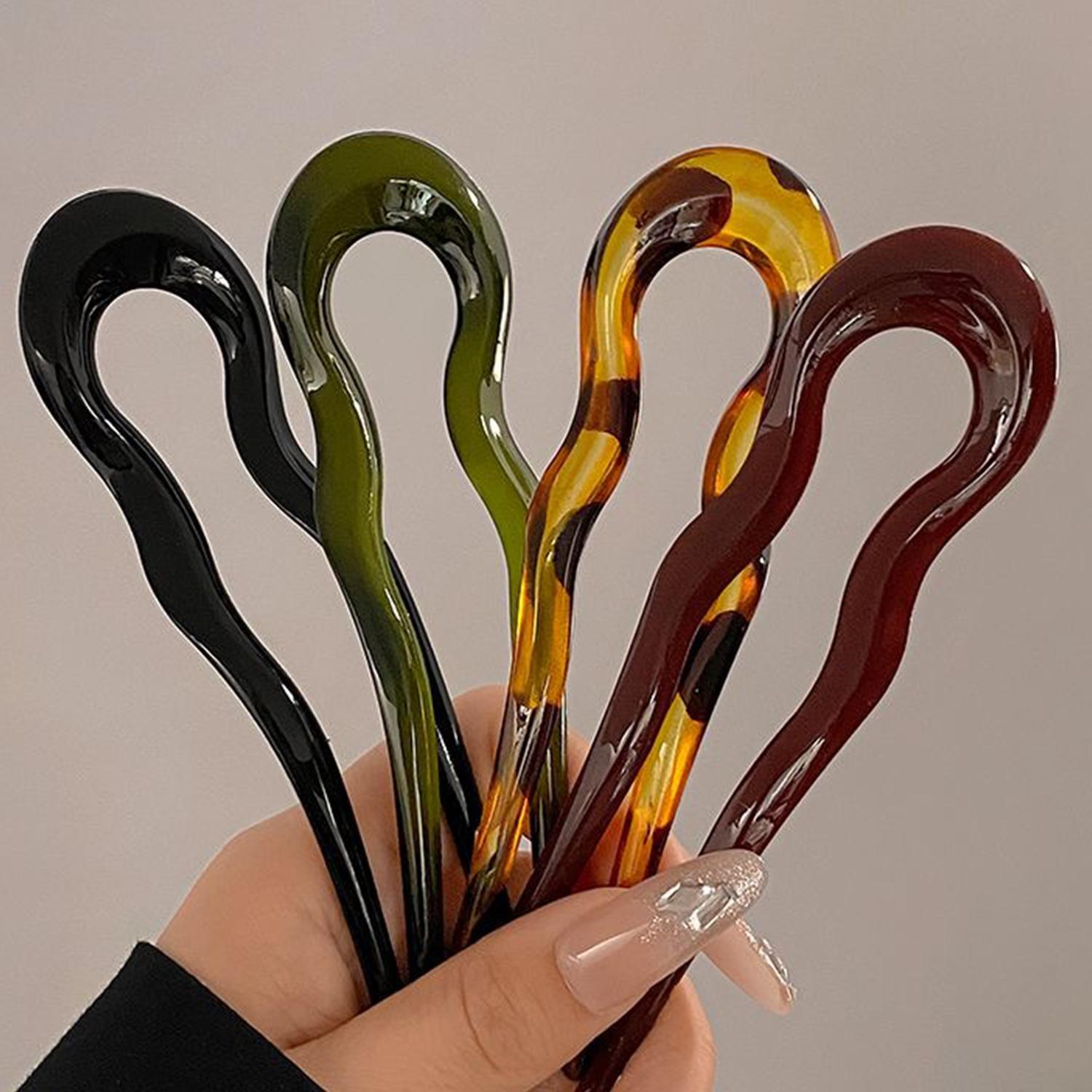 

French Twist Hair Stick Hair Clip Plastic Wavy U-Shaped Hairpin Vintage Green Tortoise Women Hair Bun Pin Headwear Accessories