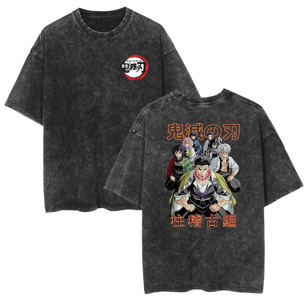 Ghost Slayer Retro Washed Anime Short Sleeve T-shirt with Printed Pattern for Daily Comfort