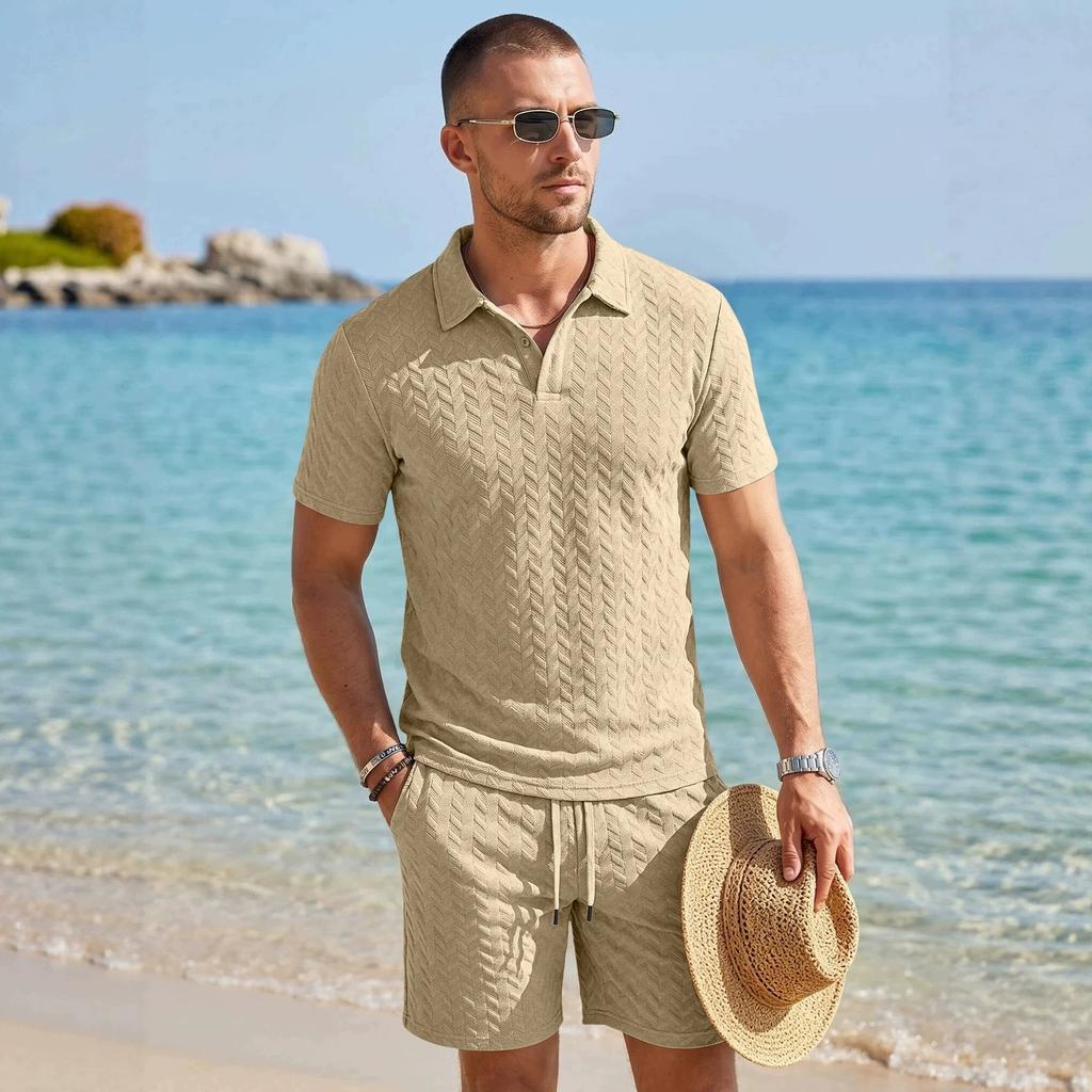 Summer New Men's Polo Shirt Set Casual Sporty Cool Fashionable Slim Fit Solid Color Short Sleeved Jacquard Shorts Set Men's