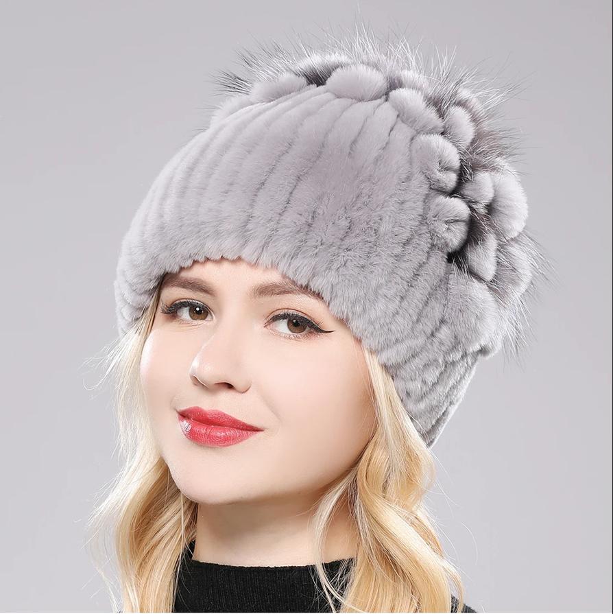 

Брендовые женские шапки из натурального меха кролика Рекс, зимние шапки из меха кролика Рекс, полосатый топ с цветочным мехом лисы, теплые вязаные шапки из натурального меха серый