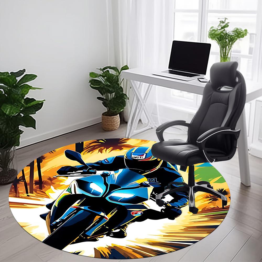 1pc Motorbike Rider Office Round Area Rug, Indoor Mat Suitable ForOffice, Under Office Chairs Bedroom Living Room Home Decor, Room Deco T080