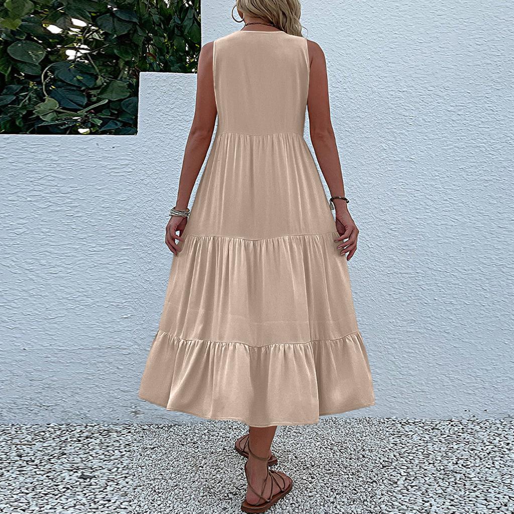 Sleeveless Women's Dress Casual Flowy A-Line Midi Tshirt Dresses With Pockets Crewneck Vocation Boho Beach Sundress