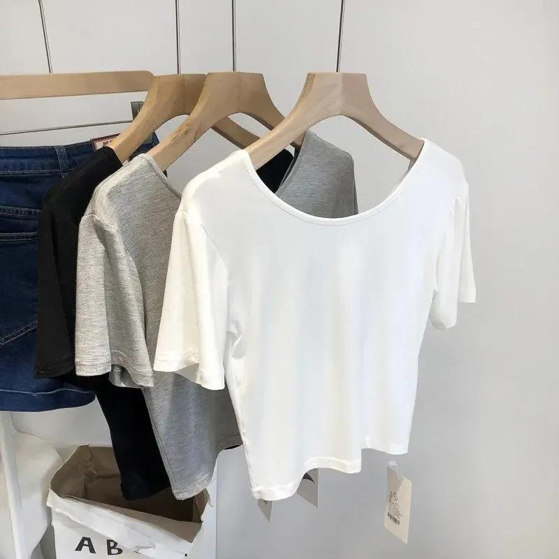 Women's Grey Cross Back Crop Top Round Neck Short Sleeve Casual T-Shirt