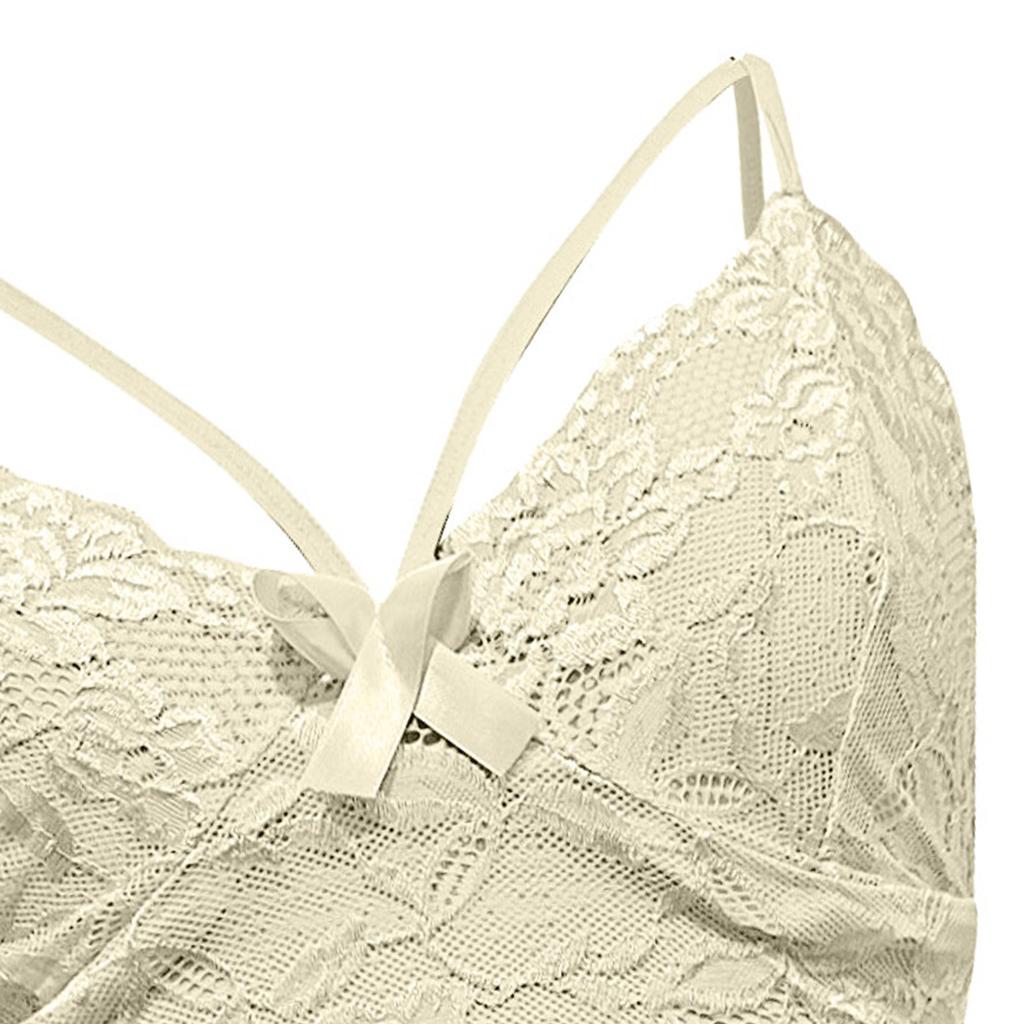 Floral Lace Sexy Lingerie Set, Strappy Bow Hollow Bra & Semi-sheer Boyshort Panties, Women's Sexy Lingerie & Underwear