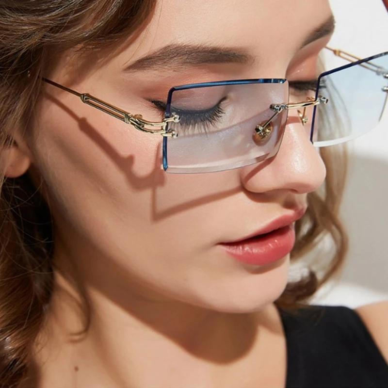 Vintage Brown Square Sunglasses Woman Luxury Brand Small Rectangle Sun Glasses Female Gradient Mirror Rimless Oculos De Sol