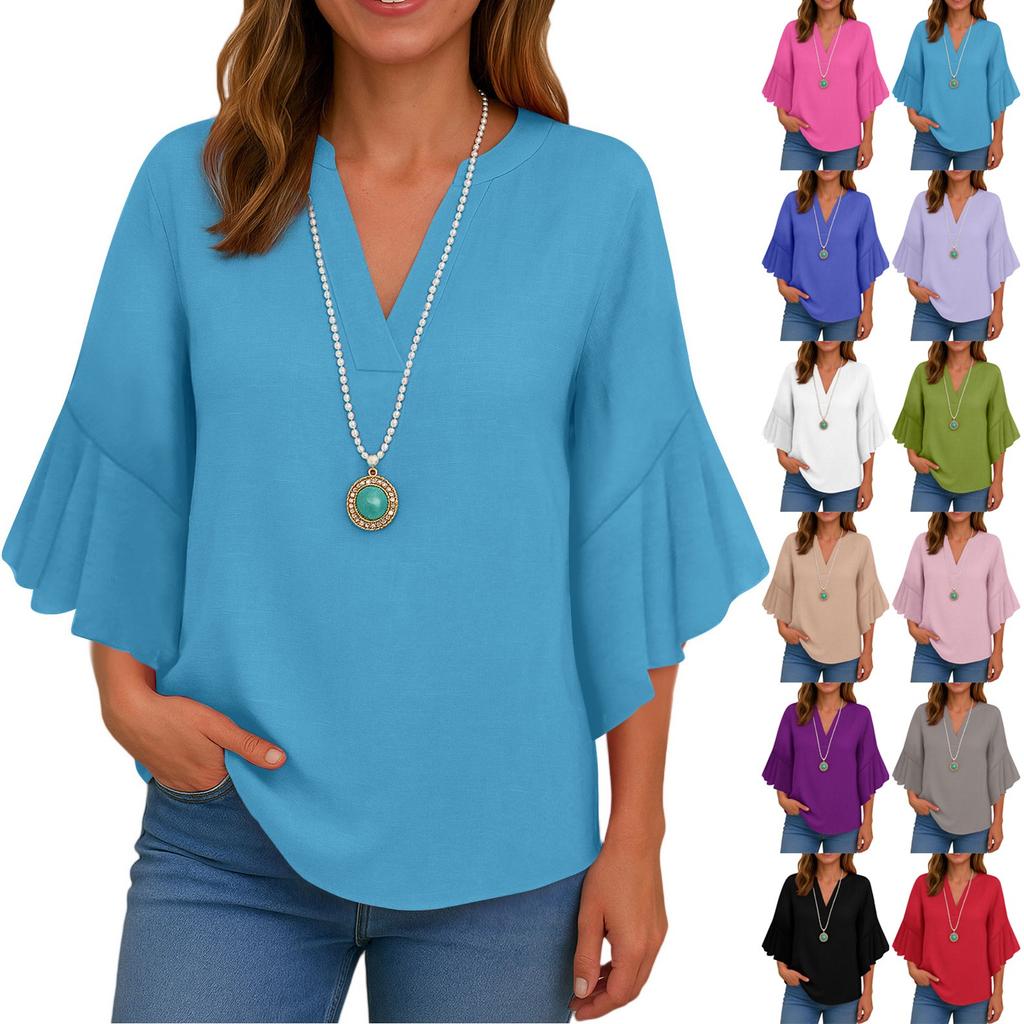 3/4 Sleeve Shirts For Women Cute Print Graphic Tees Blouses Casual Plus Size Basic Ruffled Sleeve Tops Pullover