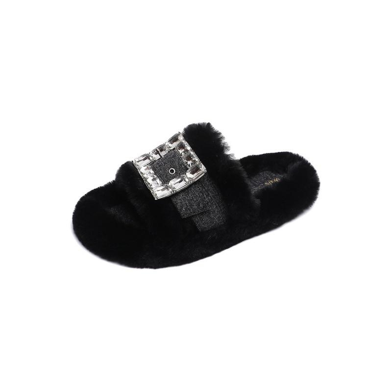Female Rhinestone Buckle Denim Fabric Slippers Black Round Toe Peep Toe Cotton Slippers 2024 Autumn Lady Indoor Leisure Slippers