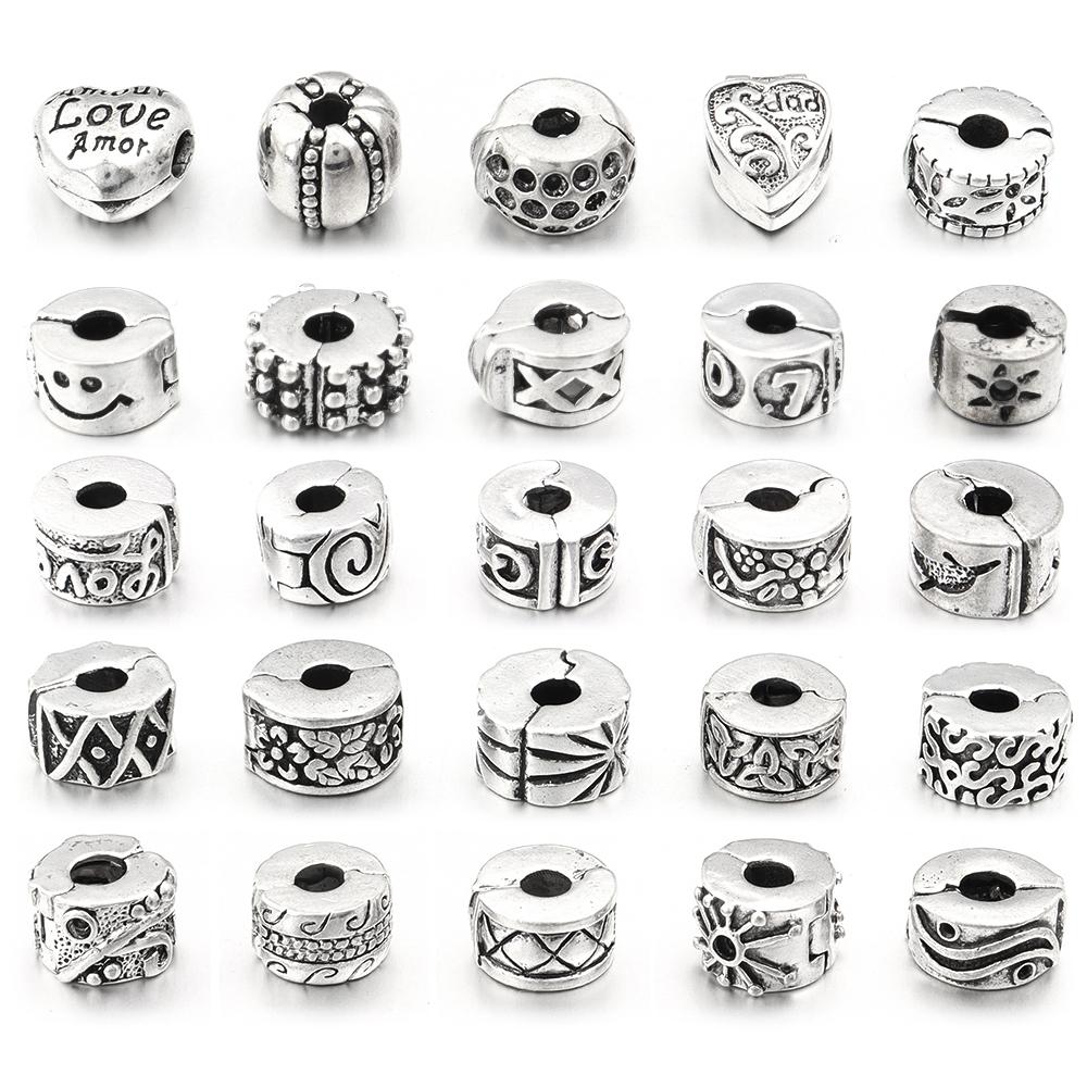 5pcs Positioning Buckle Multiple Styles Ancient Silver Fixed Clip Big Hole Spacer Beads For Jewelry Making DIY Bracelet Necklace