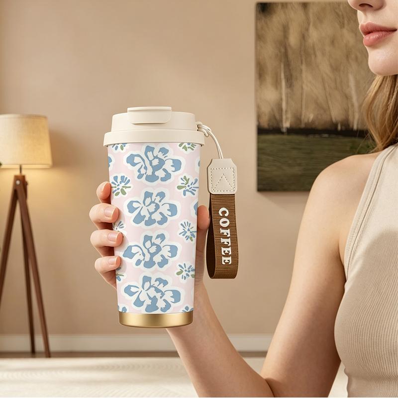 Coffee Mug 532ml Minimal Floral Element Lanyard Insulated Cup Stainless Insulated Cup Leakproof Coffee Cup Handheld Cup Outdoor Cup Coffee Mug 532ml