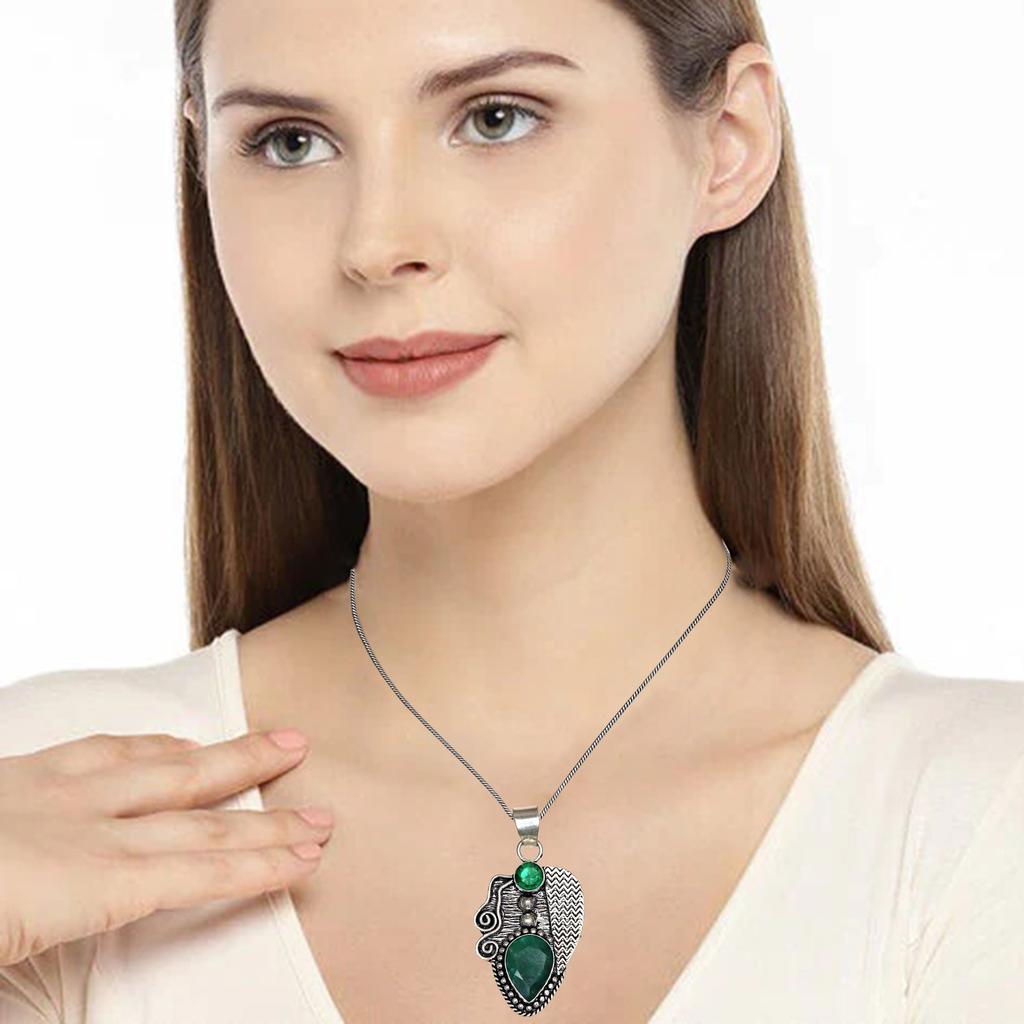Malachite Emerald Gemstone Mother's Day Silver Jewelry Pendant 2.25"