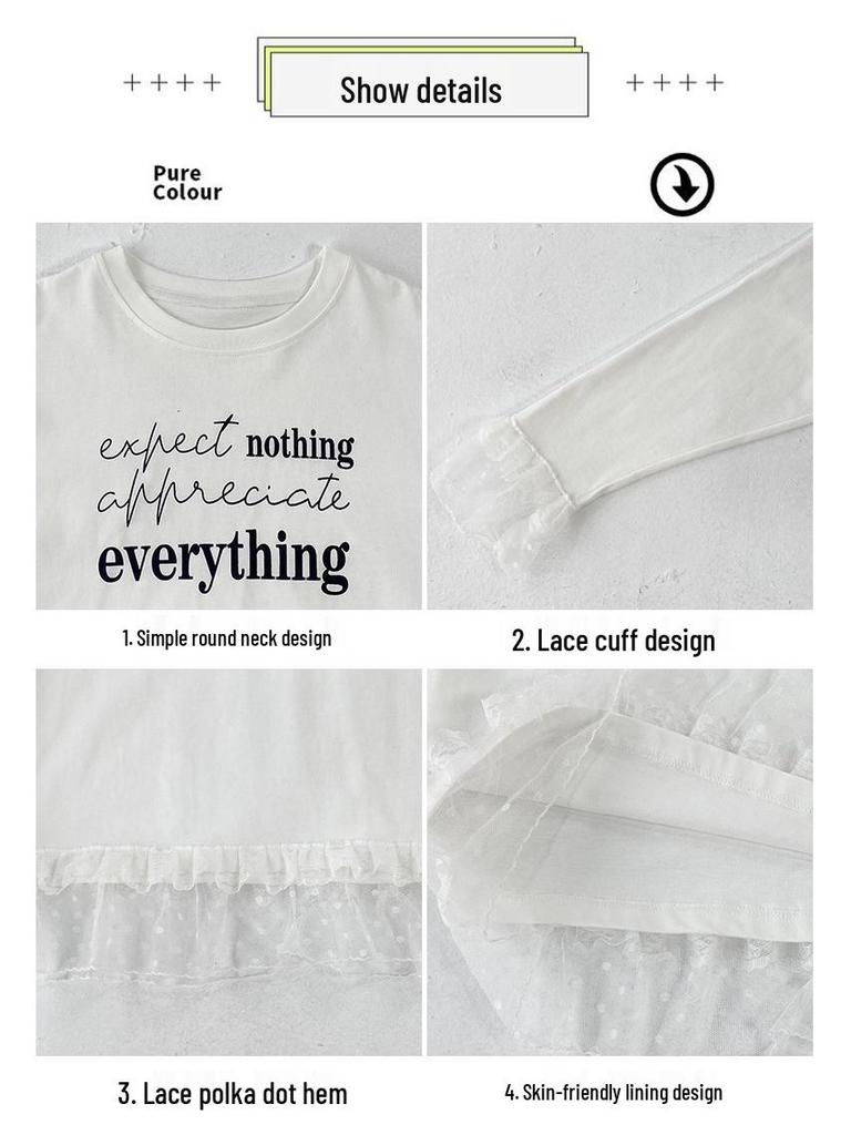 Plus Size Girls' White Lace Long Sleeve T-shirt for Spring & Autumn