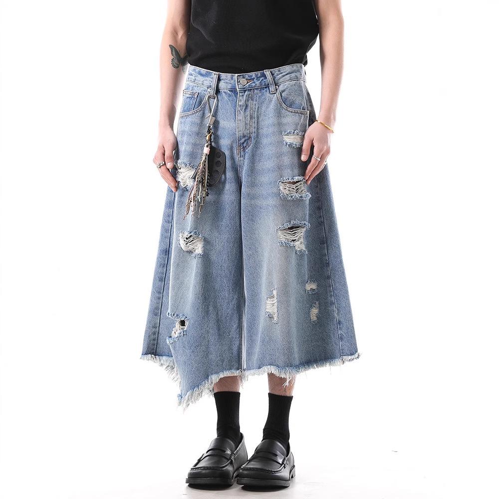 Men s Retro Washed Wide-Leg Ripped Jeans with Irregular Tassel Hem S