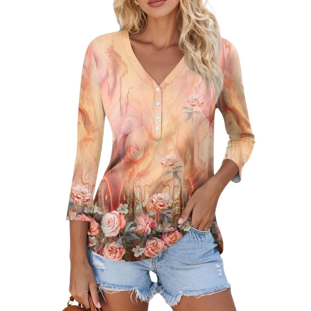 Women's Casual Fashion Sexy Comfortable V-Neck Button Floral Three-quarter Sleeve Top