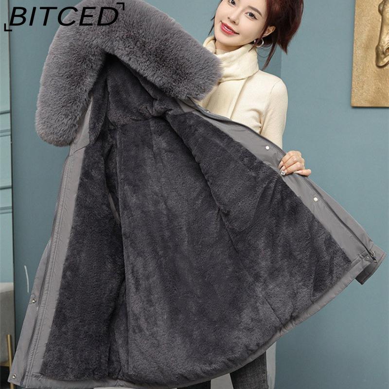 BITCED Women's Fleece-Lined Thickened Puffer Coat - Short Winter Style with Large Fur Collar, Slim-Fit and Flattering Cotton-Blend Outerwear