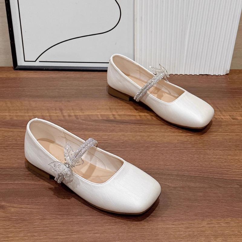 Versatile Silver Mary Jane Shoes Women's Summer New Rhinestone Light Mouth Single Shoes Flat-soled Small Leather Shoes
