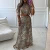 Women O-neck Short Sleeved Top+Mini Skirt Slim Suit Elegant High Waist Summer Outfit Embroidered Sequins Sexy Club Party 2pc Set