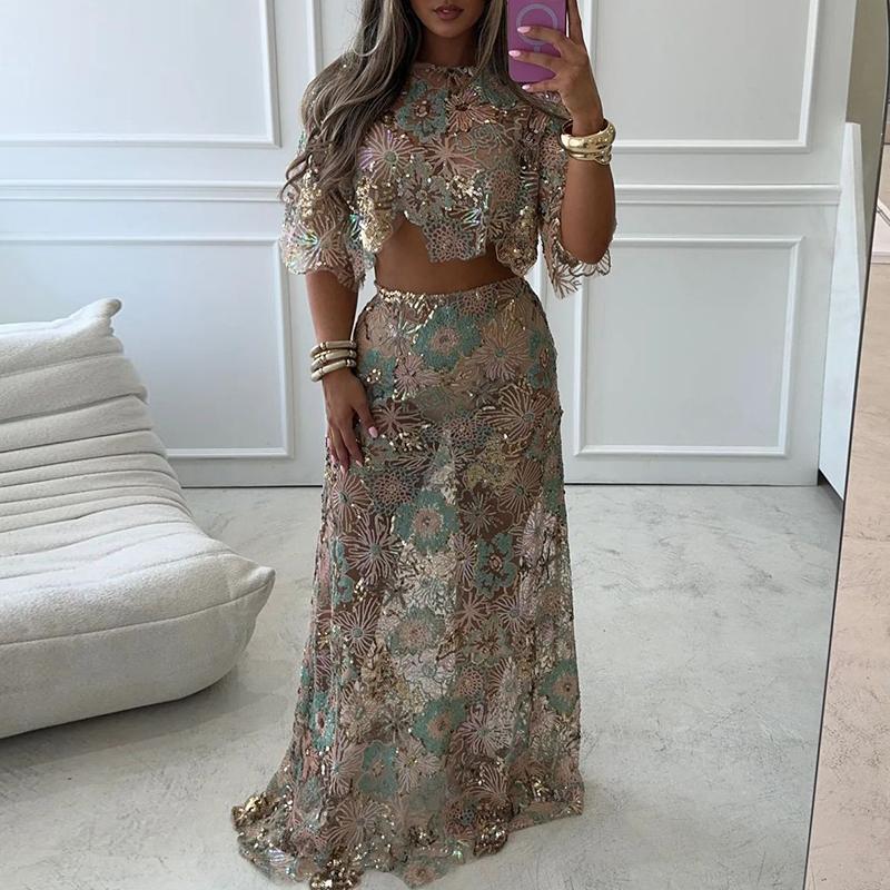 Women O-neck Short Sleeved Top+Mini Skirt Slim Suit Elegant High Waist Summer Outfit Embroidered Sequins Sexy Club Party 2pc Set