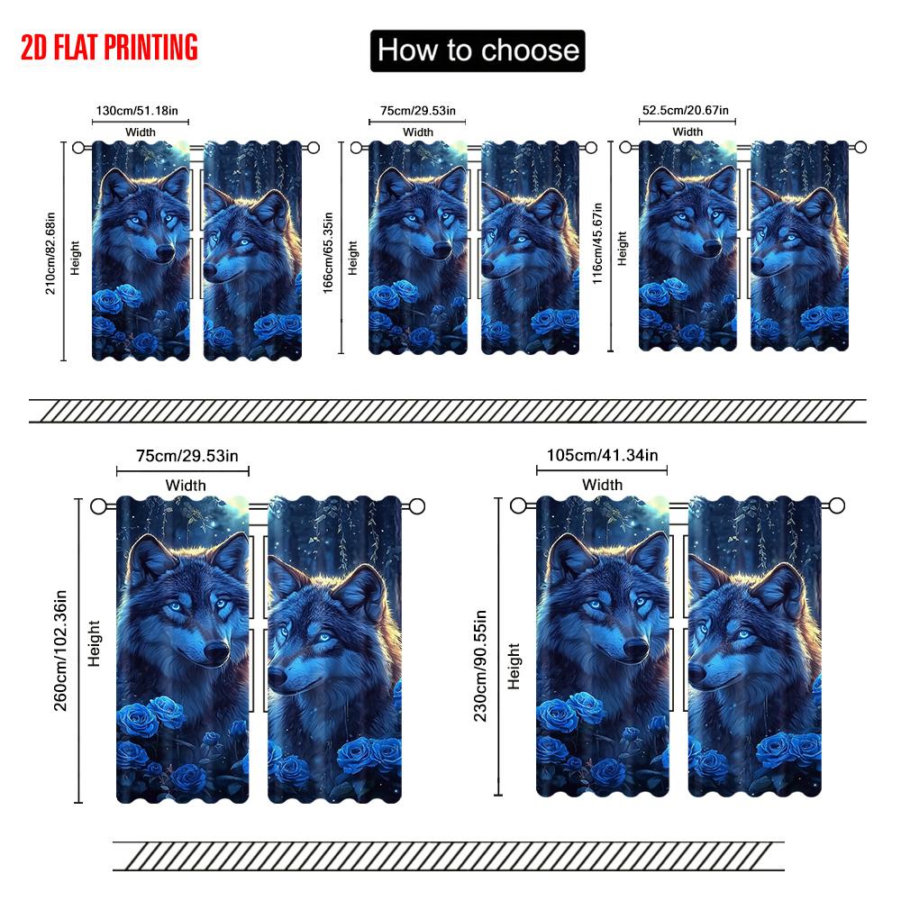 2pc  2D Plane Printing Curtains&Window Treatment Mystical Wolf & Blue Roses Polyester Easy Install (without Rod) Festive Perfect