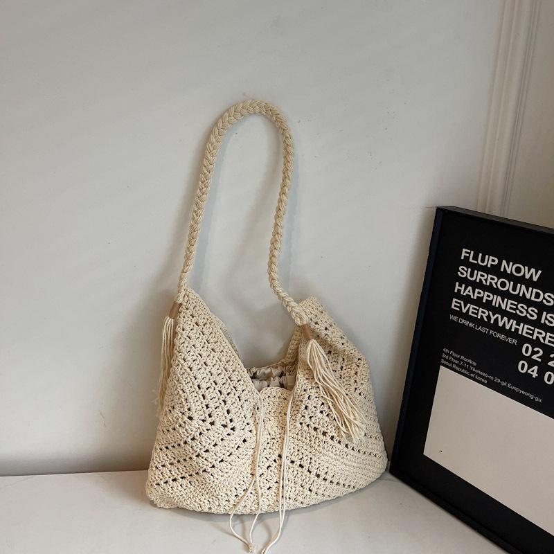 Large-capacity Woven Edge-bound Beach Bag with Shoulder Strap Tote Bag