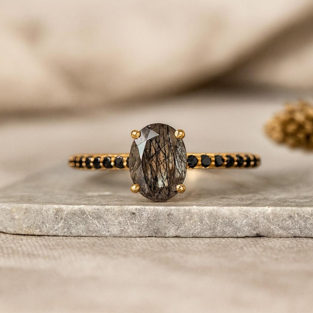 Black Rutile Quartz & Black Onyx Engagement Ring – Handmade Vintage Silver Ring for Women | Wedding, Anniversary, Promise Gift