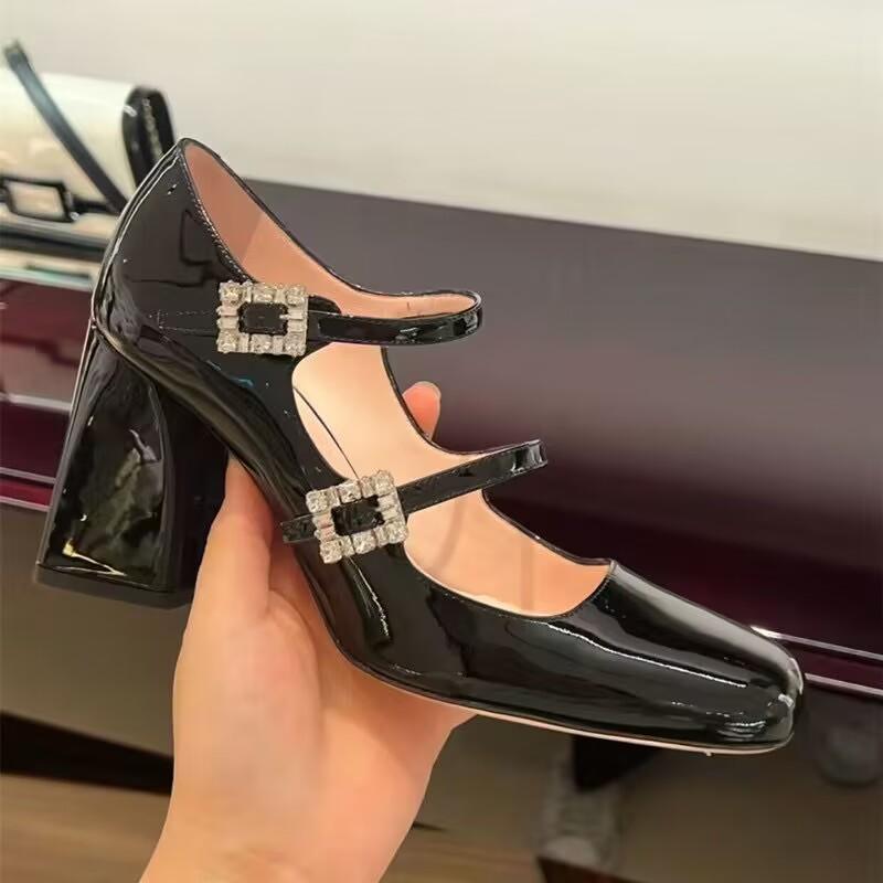 New Style Mary Jane Chunky Heels Women's Square Head High Temperament Line with Rhindiamonds Patent Leather Professional Shoes