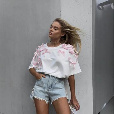 Top Estivo da Donna Carino Femminile con Fiocco a Nastro Maniche Corte Larghe Casual