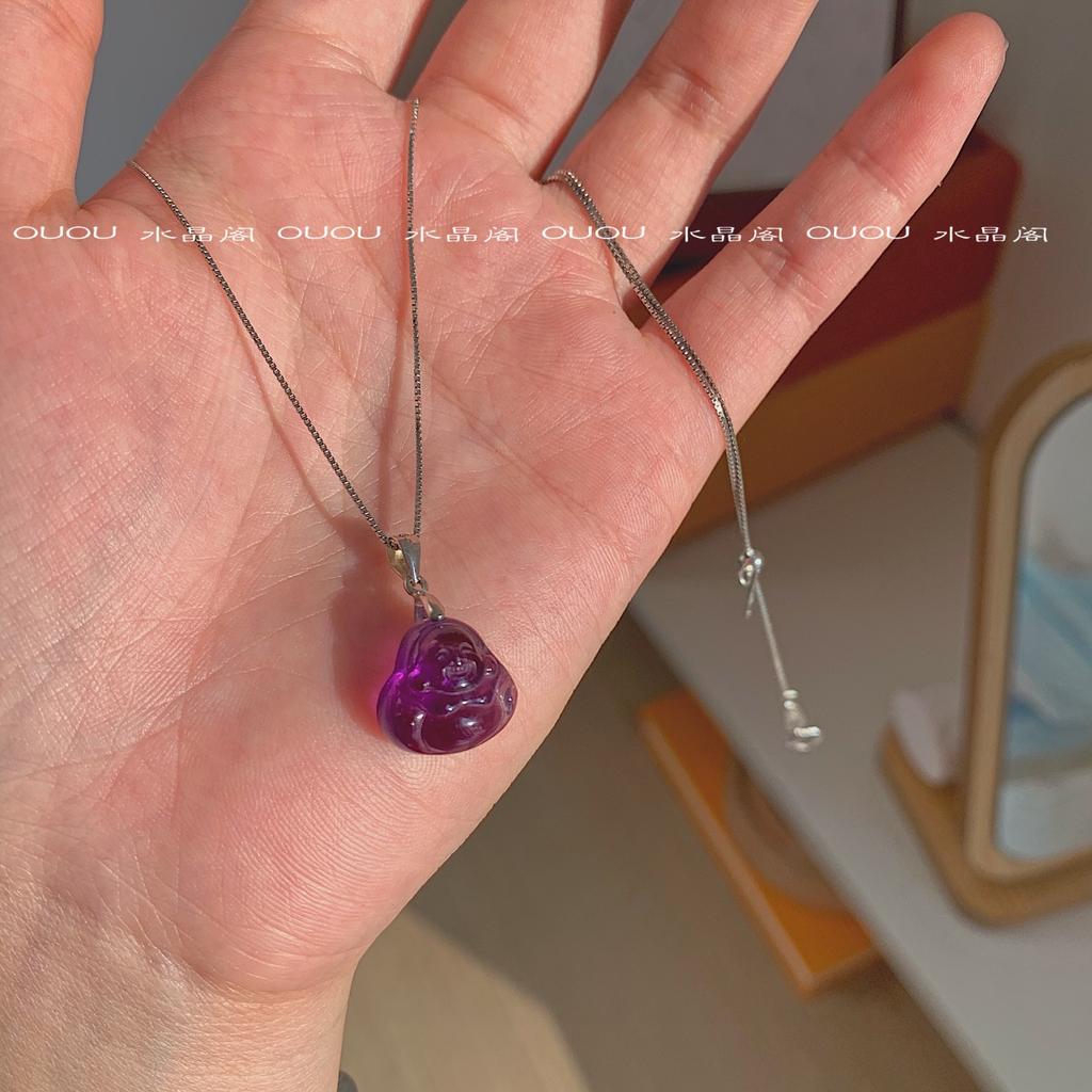 Amethyst Smiling Buddha Pendant Collarbone Necklace for Women, Silver, Light Luxury, Niche Design, Gift for Students and Best Friends