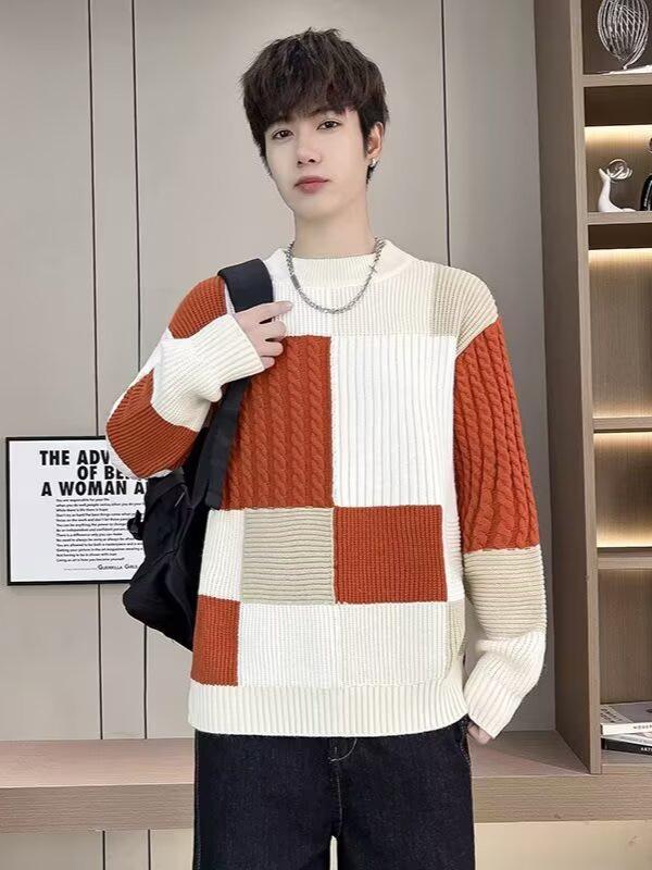 Men's Trendy Color Block Patchwork Sweater, Winter Warmth, Plus Size Knitwear, Versatile Base Layer, Niche Design.